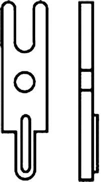 Technical drawing of a metal hook in side and top view with a circular recess in the centre.