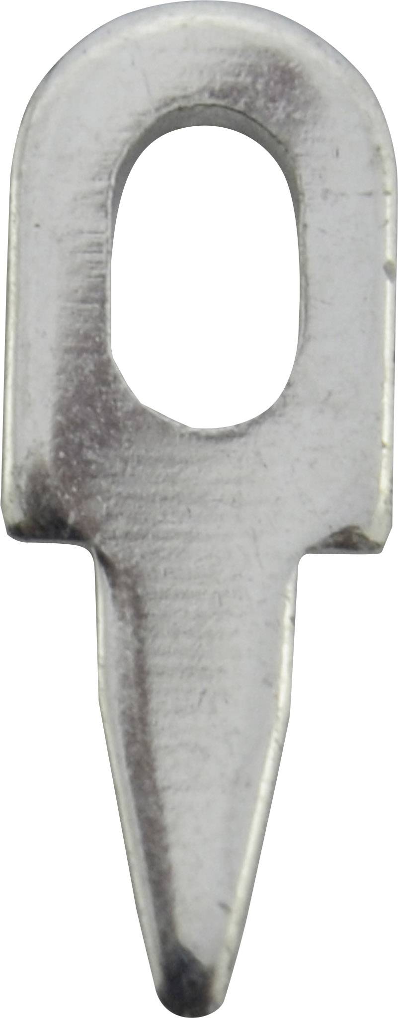 A silver, metallic key with a key slot against a white background.