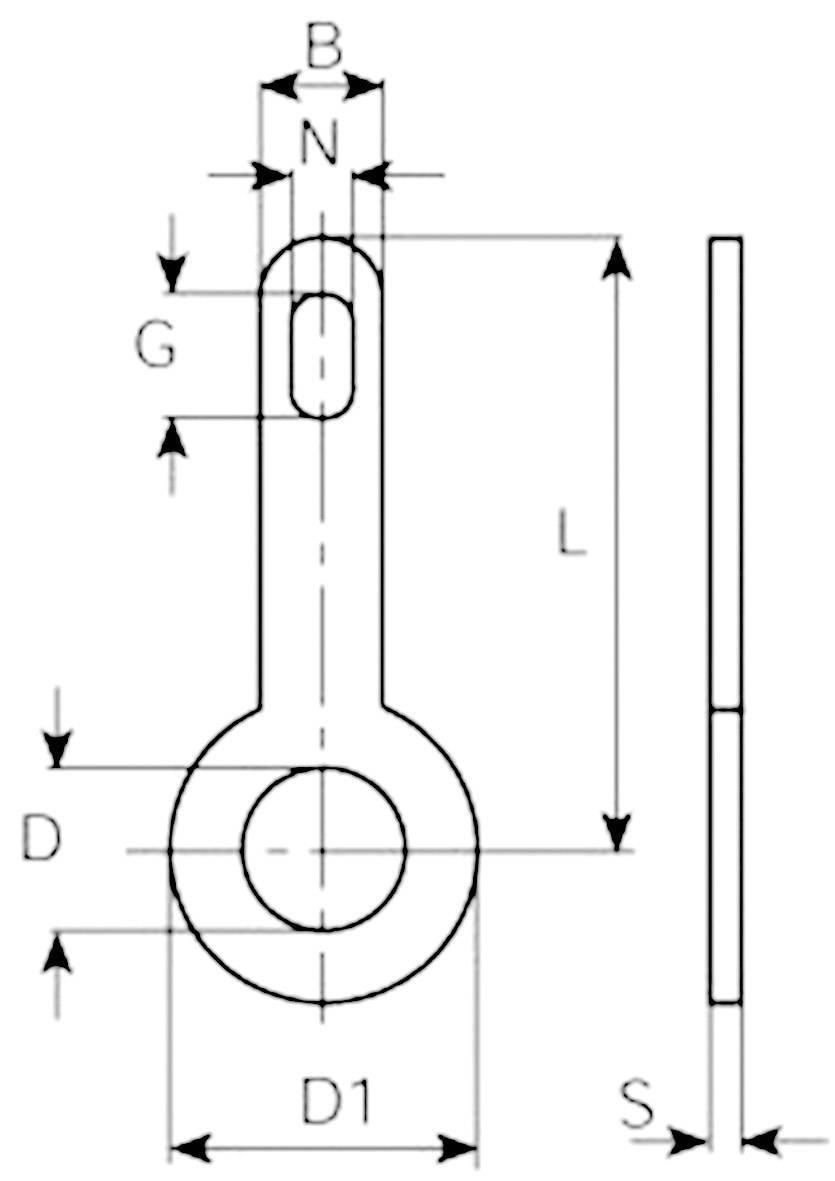 Technical drawing of an eyebar with dimensions: L for length, D and D1 for diameters, B and N for widths, and S for thickness.