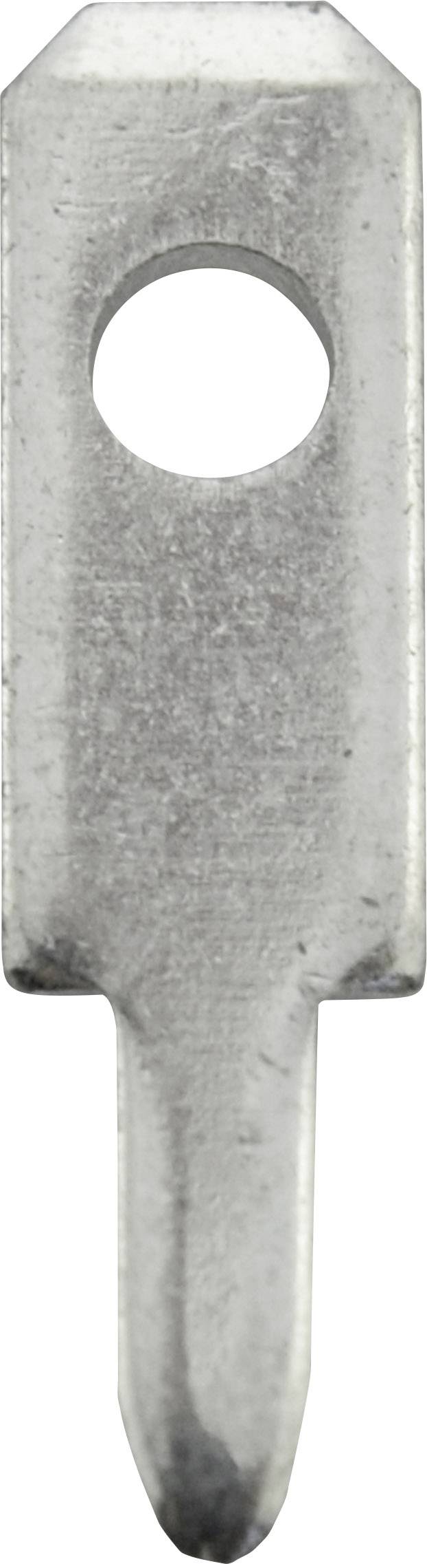 A silver metal hook with a hole in the centre, rectangular shape at the top, pointed end at the bottom.