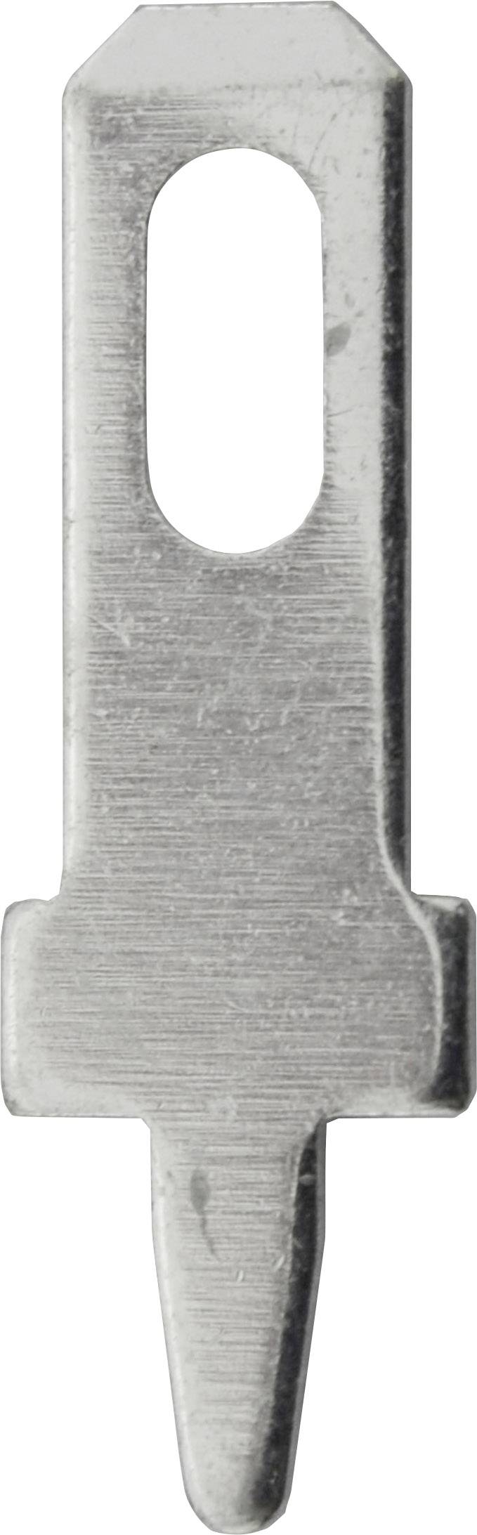 A silver, metallic object in the shape of a slender, flat key with an oval hole in its upper half.
