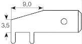 Technical drawing of a component with dimensions: top 9.0 mm, side 3.5 mm, with a hole in the centre. Profile shown from the side.