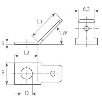 Technical drawing of a metal part with dimensions: L1, L2, B, D, W, S. Front and side view. Dimension 6.3 top right.