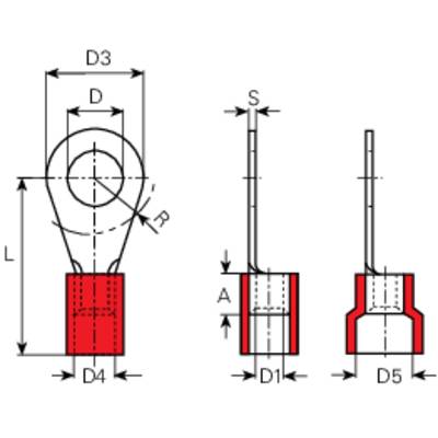 Technical drawing of a component with front and side views. Dimensions are labelled with D, R, L, S, T, D4, D6.