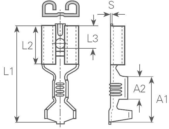 Technical drawing of a connector with dimensions: L1, L2, L3, S, A1, A2. Shows profile and cross-section to illustrate the structure.