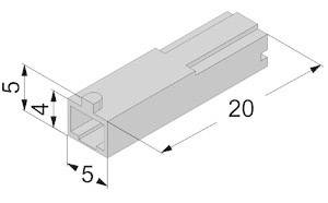 Technical drawing of a rectangular, three-dimensional component with dimensions: width 5 mm, height 5 mm, length 20 mm.
