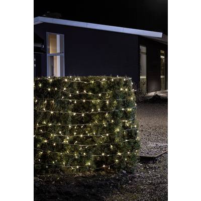A hedge, entwined with white fairy lights, illuminates the darkness in front of a modern building.