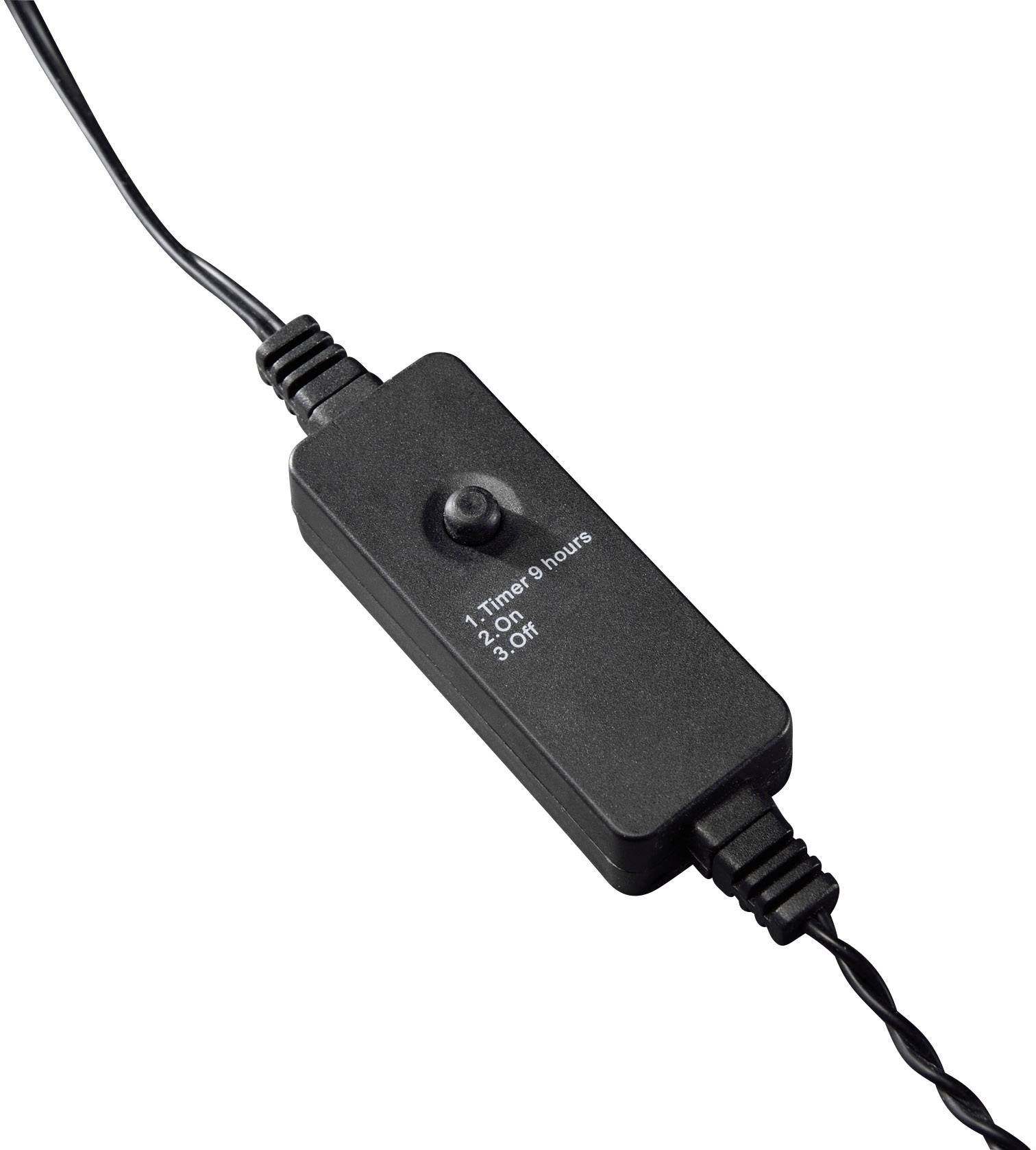 Black three-position switch with: '1. Timer 6 hours', '2. On', '3. Off', mounted on a cable. Used for controlling electrical devices.