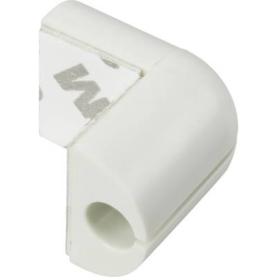 A white, angled plastic holder for a round object, with a self-adhesive backing for mounting on surfaces.