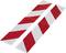 Red and white reflective stripes as warning markings on narrow rectangular surfaces, for safety identification.