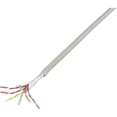 A network cable with exposed, colour-coded wires at the end, revealing internal twisting and shielding.