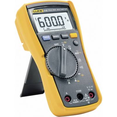 A yellow multimeter with a display showing '600.0'. It has a rotary switch for various measurement modes. The brand name 'Fluke' is visible at the top.