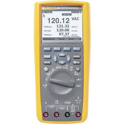 A digital multimeter with a display showing 120.12 VAC. Operating buttons underneath. Marking: 'Fluke 289'.