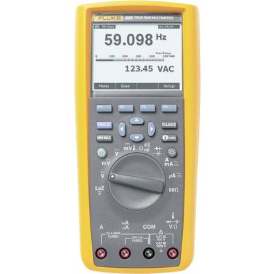 A digital multimeter displays '59.098 Hz' and '123.45 VAC' on a screen. It has several function buttons and a rotary dial.