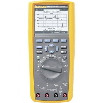 Digital multimeter with graphical display showing voltage curve over time. Function selection buttons, yellow casing.
