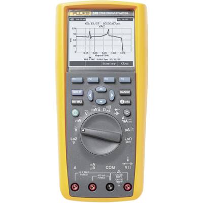 A digital multimeter with display shows a voltage curve over time. Buttons and measurement ranges are clearly visible and labelled.