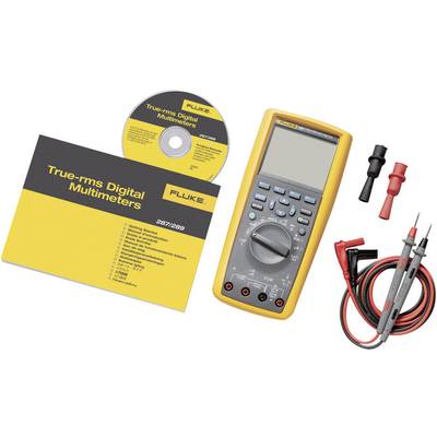 Digital Multimeter Set with CD, Instructions and Test Leads. Multimeter displays values on screen. Accessories include red and black measuring cables.
