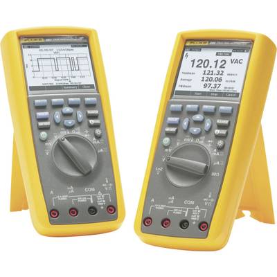 Two digital multimeters with yellow casings display measurement values and diagrams on their screens, suitable for electrical measurements.