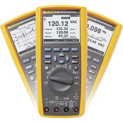 Digital multimeter with a yellow casing displays voltage measurements on its screen. It has a rotary dial and various function buttons.
