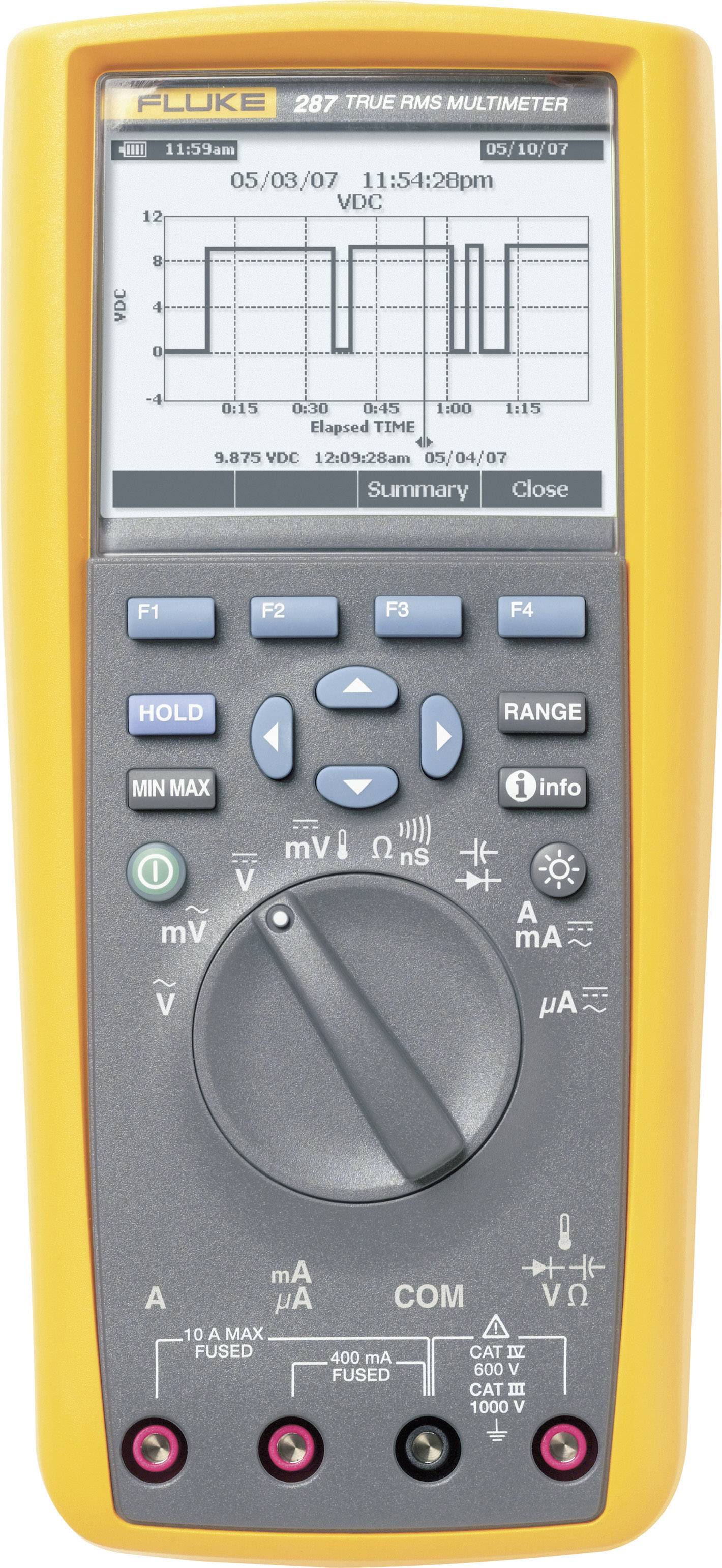 A multimeter, model Fluke 287, displays a graphical representation of voltage measurements on the screen. Operation buttons located beneath.