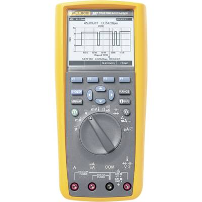 A multimeter, model Fluke 287, displays a graphical representation of voltage measurements on the screen. Operation buttons located beneath.