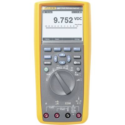A digital multimeter with an orange housing displays a voltage of '9.752 VDC' on the screen, surrounded by function buttons.