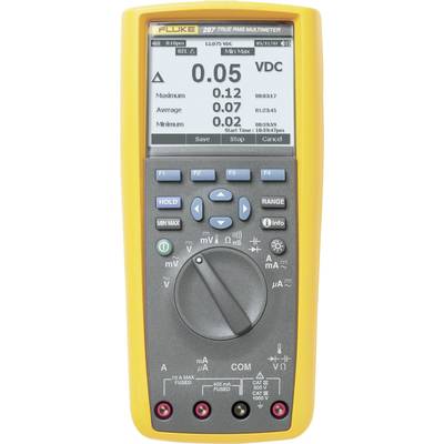 Digital multimeter with measurement display, buttons and rotary switch for selecting electrical measurements.