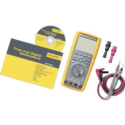 A digital multimeter with a yellow casing, a manual, and an installation CD. Two measurement cables in black and red are also depicted.