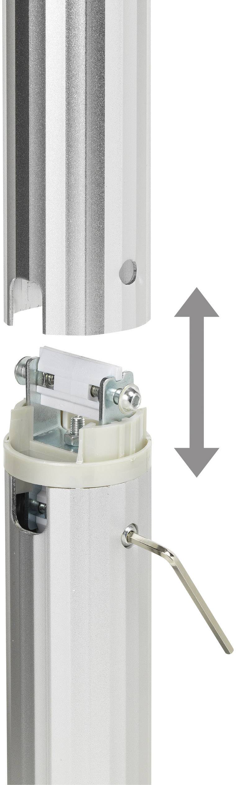 A silver telescopic tube, with its upper section removed, reveals the mechanism. An arrow indicates the direction of movement.