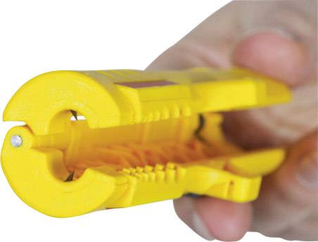 A hand is holding a yellow wire stripper, a tool for removing insulation from cables, with an open blade.