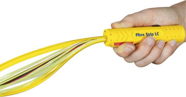 A hand holds a yellow fibre optic tool that exposes several colourful fibres.