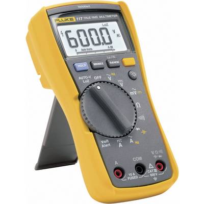 A yellow multimeter displays a reading of 600.0 volts AC on the display. It has various buttons and a rotary switch for selection.