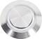 A round stainless steel push switch with a smooth surface, central button, and a subtly shiny metallic finish.