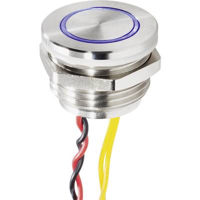 Metal push-button switch with blue LED surround and three connected cables: red, black, and yellow.