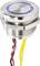 Metal push-button switch with blue LED surround and three connected cables: red, black, and yellow.