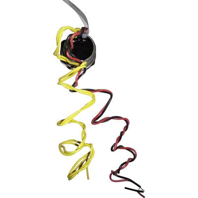 Yellow, red, and black wires are intertwined, extending from a round, grey plug.