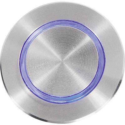 Metallic push button with a ring-shaped blue LED light, circular design.