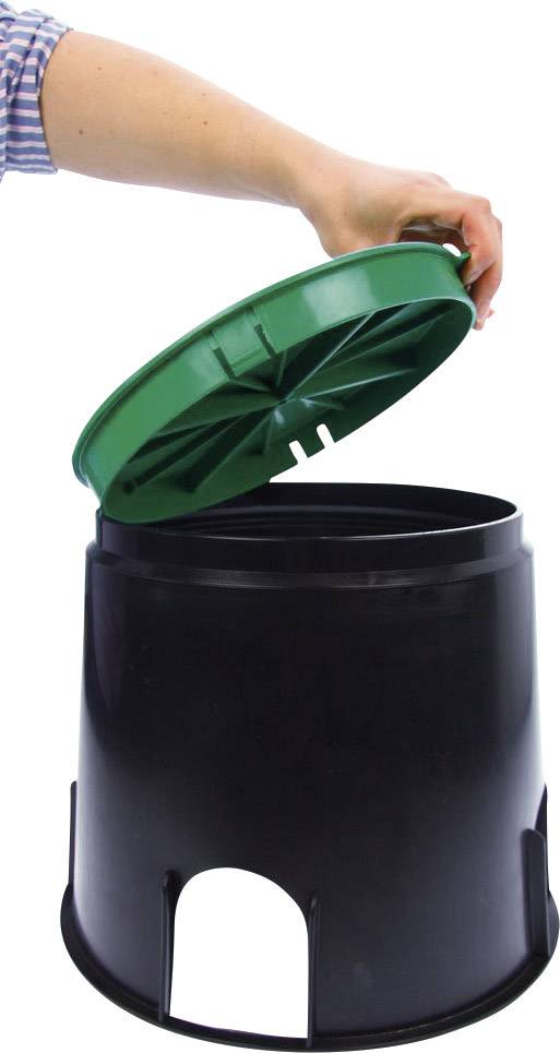A hand lifts the green lid of a black container with recesses at the bottom.