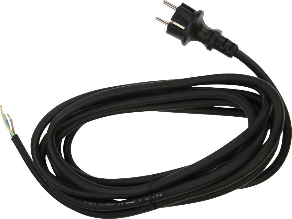 A black power cable with a European plug at one end and exposed, stripped wires at the other end.