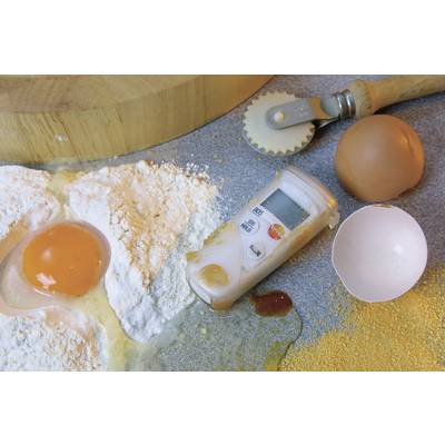 An egg, flour, and a digital kitchen thermometer on a work surface; symbolising baking.
