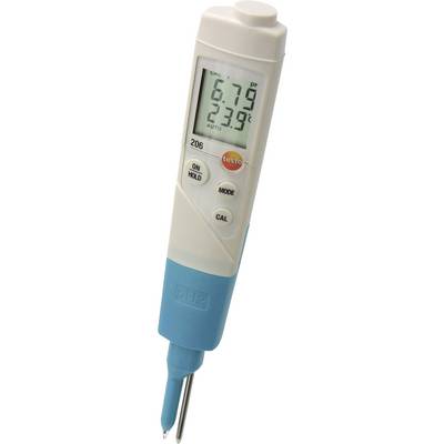 Digital measuring device with display shows pH value of 5.79 and temperature of 5.9°C. Device has blue protective cap, brand name not identifiable.