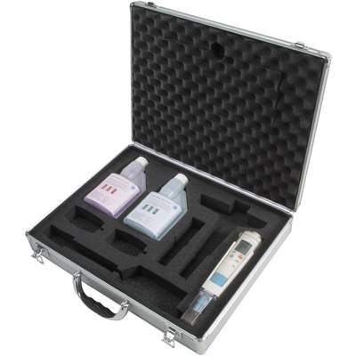 An open aluminium case contains two bottles of liquids and an electronic measuring device, all securely nestled in foam inserts.