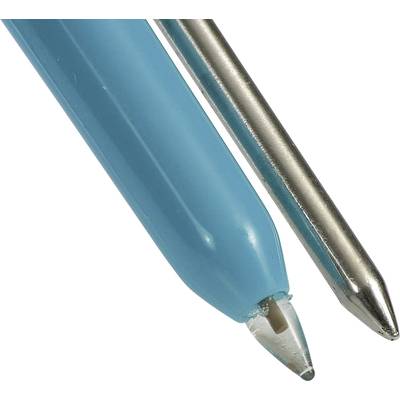 Close-up of a blue ballpoint pen and its refill, showing the tip and metallic barrel.