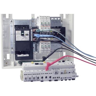 An electrical control cabinet with multiple electrical components and coloured cables connected to various circuits.