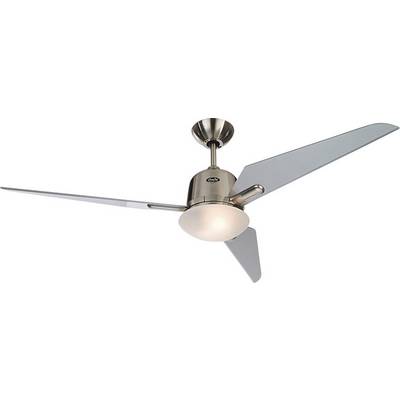 Ceiling fan with three long, narrow blades, metal casing and integrated light in the centre.