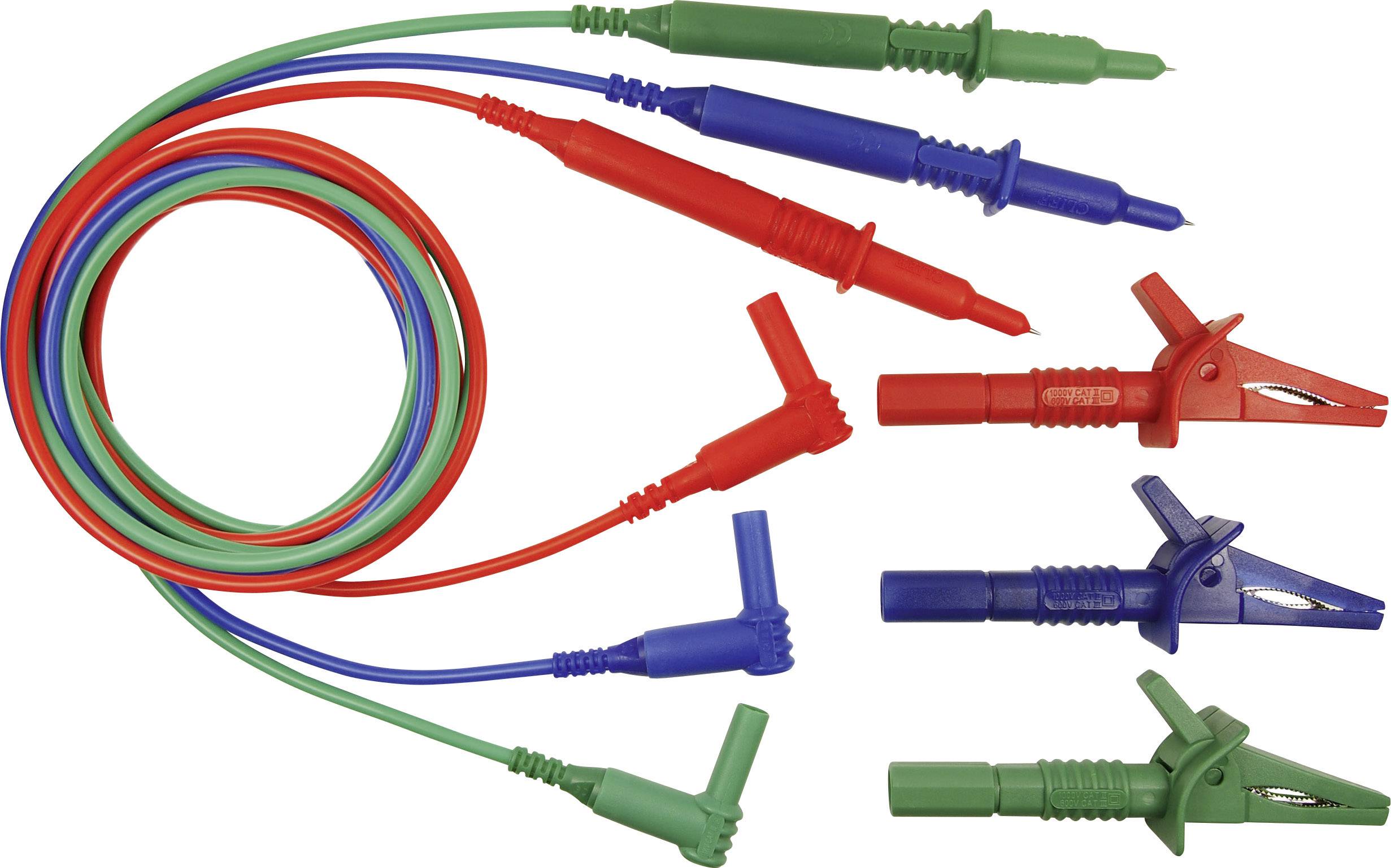 Three colourful measuring leads (red, blue, green) with crocodile clips and test probes. Used for electrical testing and measurements.