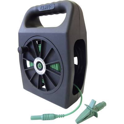 Cable reel with green cable and crocodile clip. Handle on top for easy transport; black spool with 'CLIFF' print on the handle.