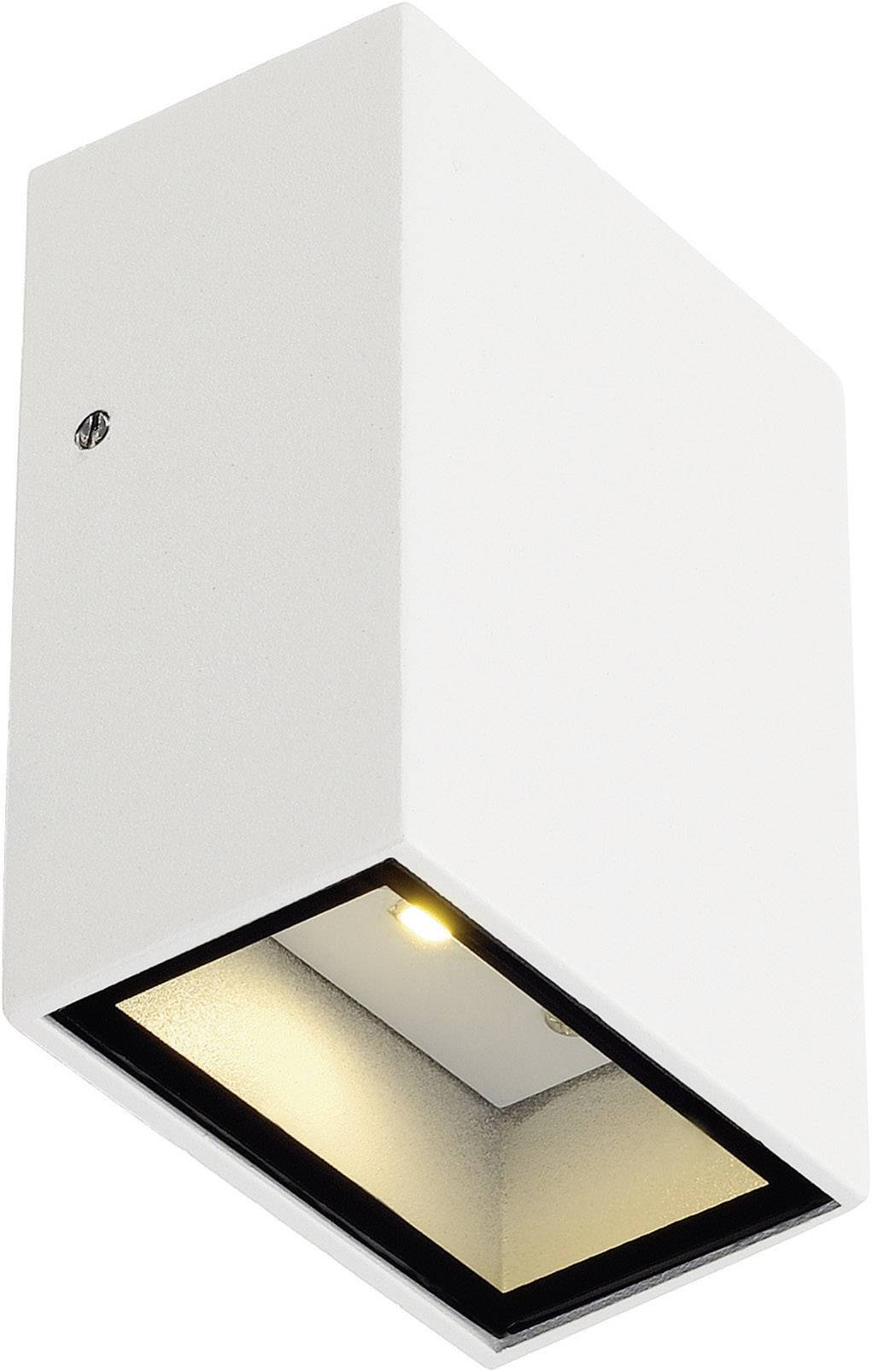 White, rectangular wall light with an open, downward-facing light design for modern interiors.
