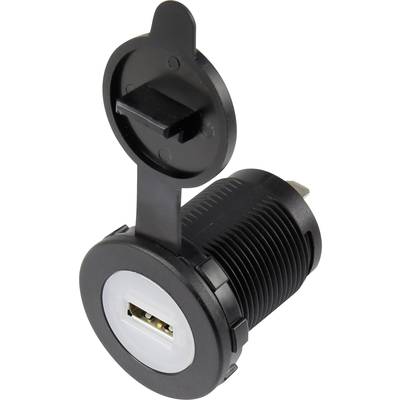 'Black, round USB charging socket with cover, slightly open. Compatible with common USB devices. Ideal for installation in vehicles.'
