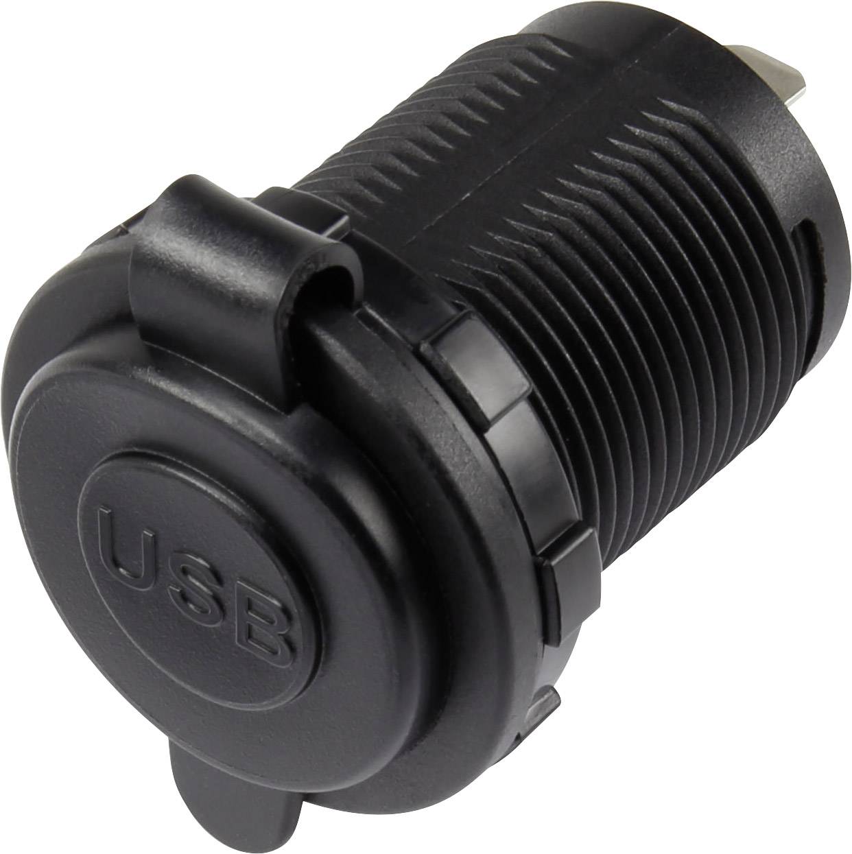 'Black USB socket with protective cap, cylindrical shape'